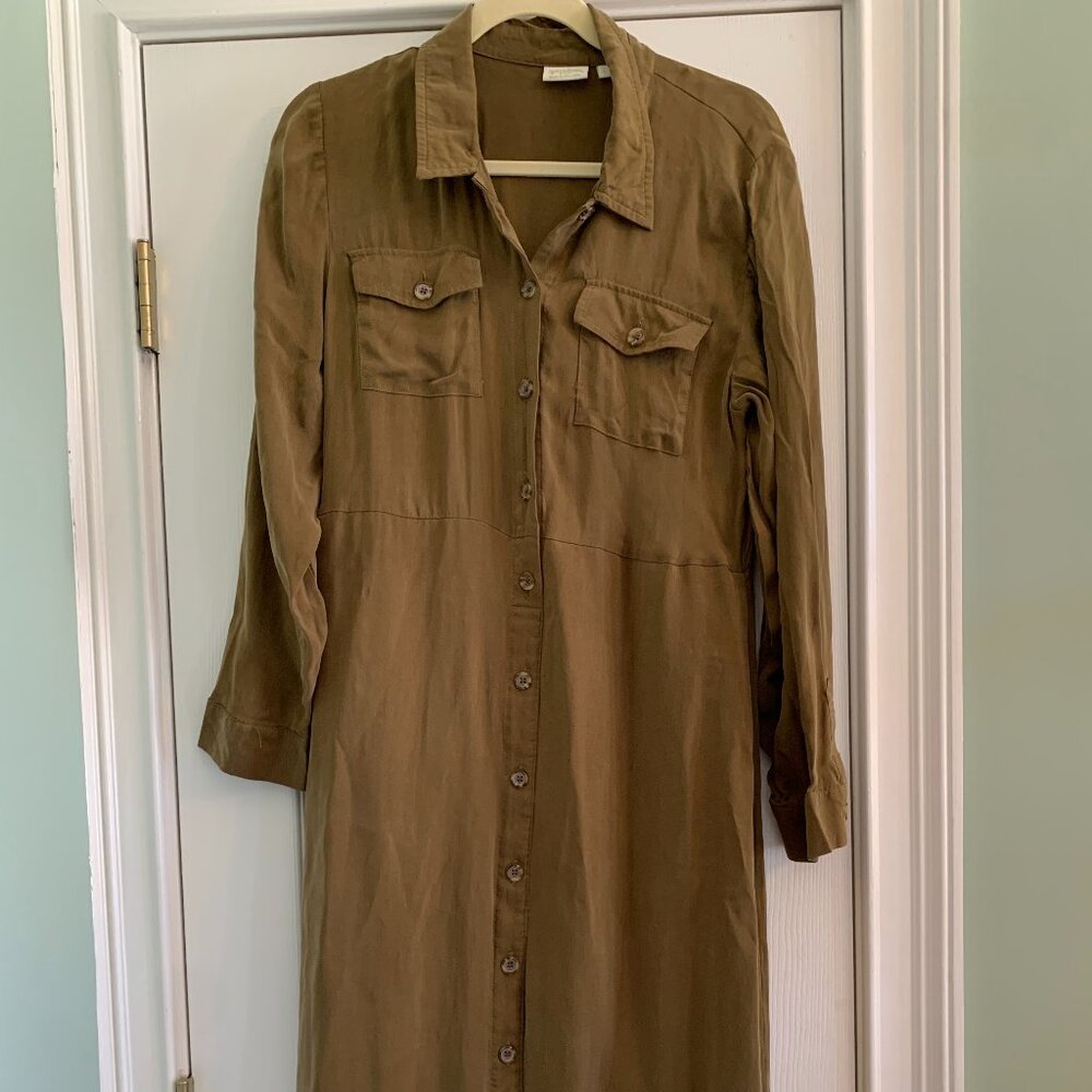 Spartina 449 Large Olive Green Long Sleeve Midi Shirt Dress Cupro